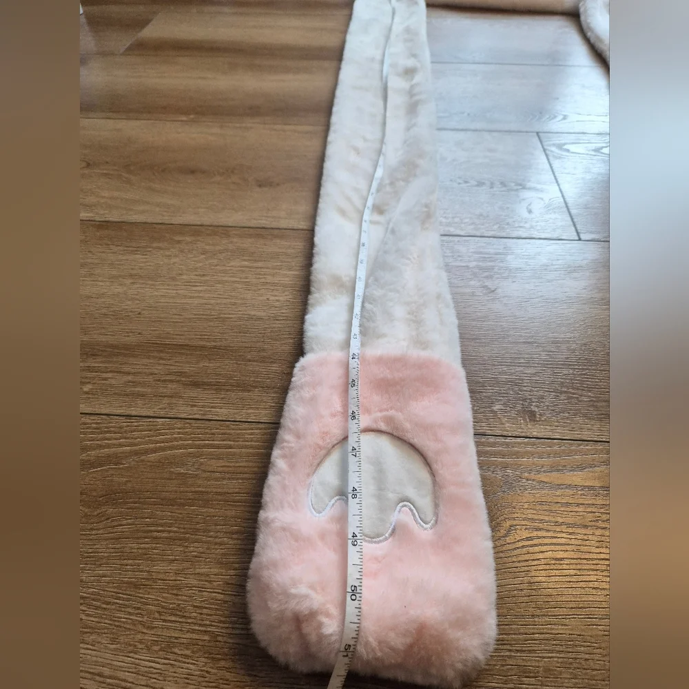 Pink White Plush Bear Hat Scarf Mittens 3 in 1 Hooded Pocket Scarf OS One Size